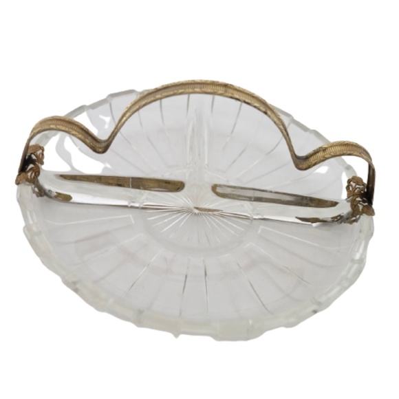 VINTAGE DEPRESSION GLASS~ORNATE BRASS BANDED ~THREE COMPARTMENT RELISH DISH~6.4" - Picture 6 of 8